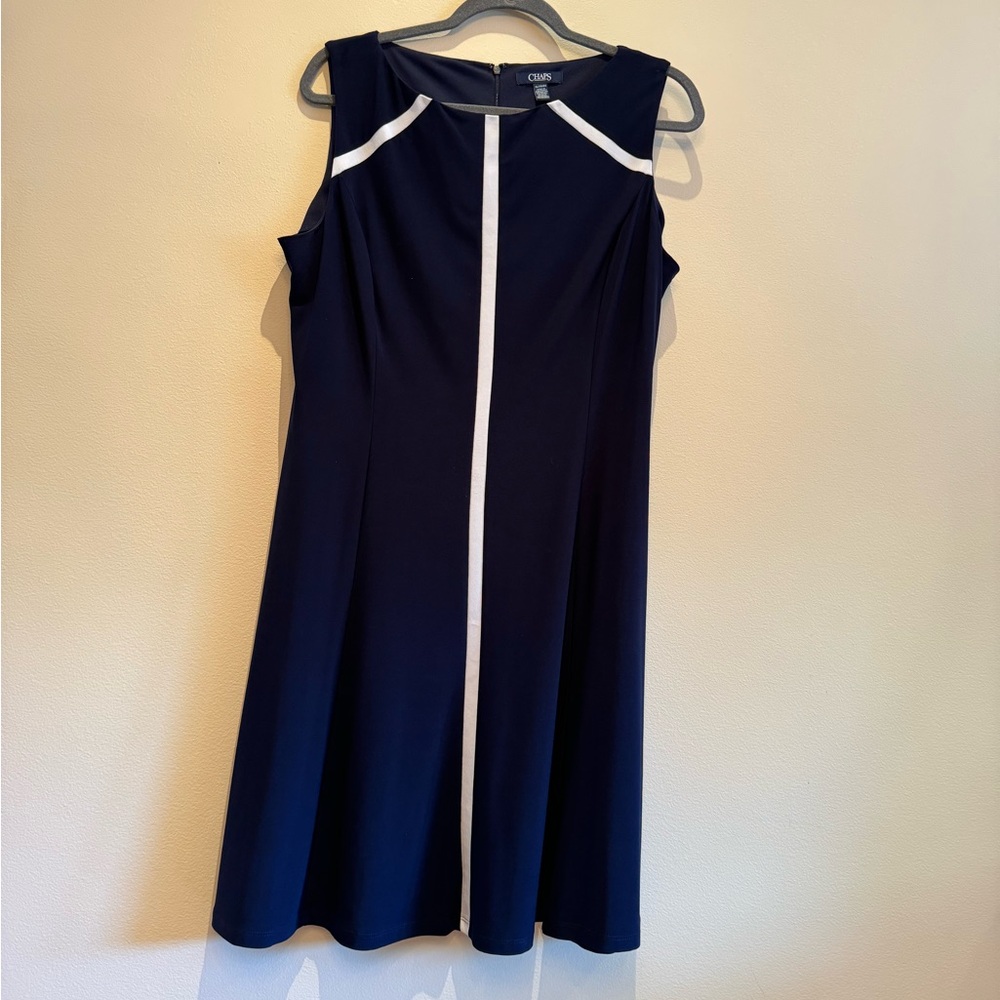 CHAPS - Navy Blue Sleeveless Dress with White Stripe Accents